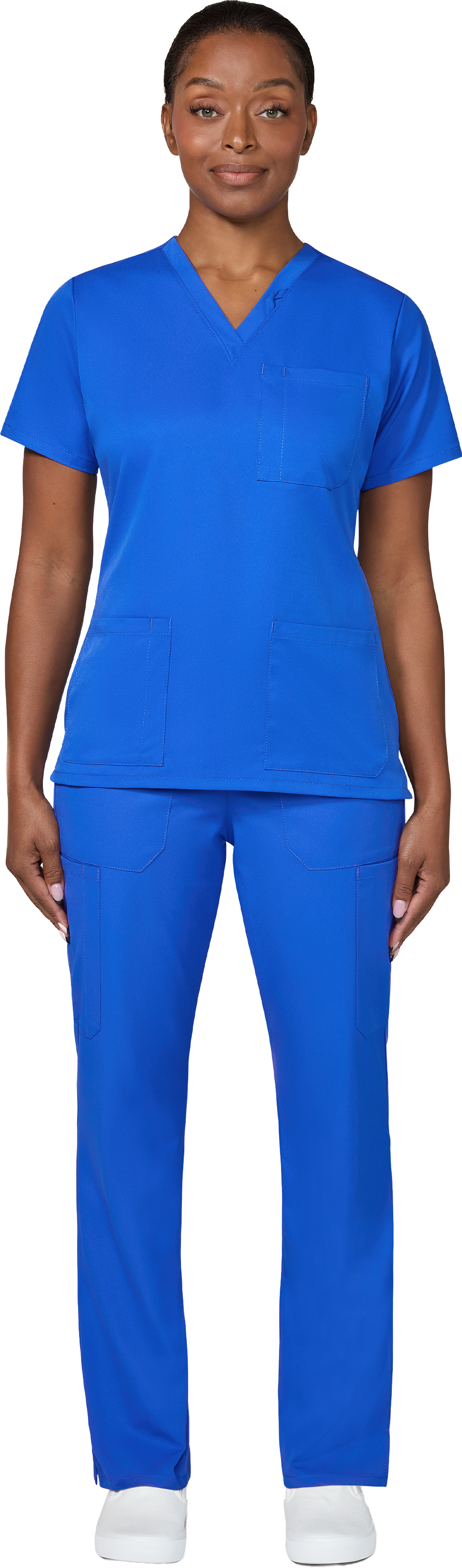 Model wearing Respond blue scrubs